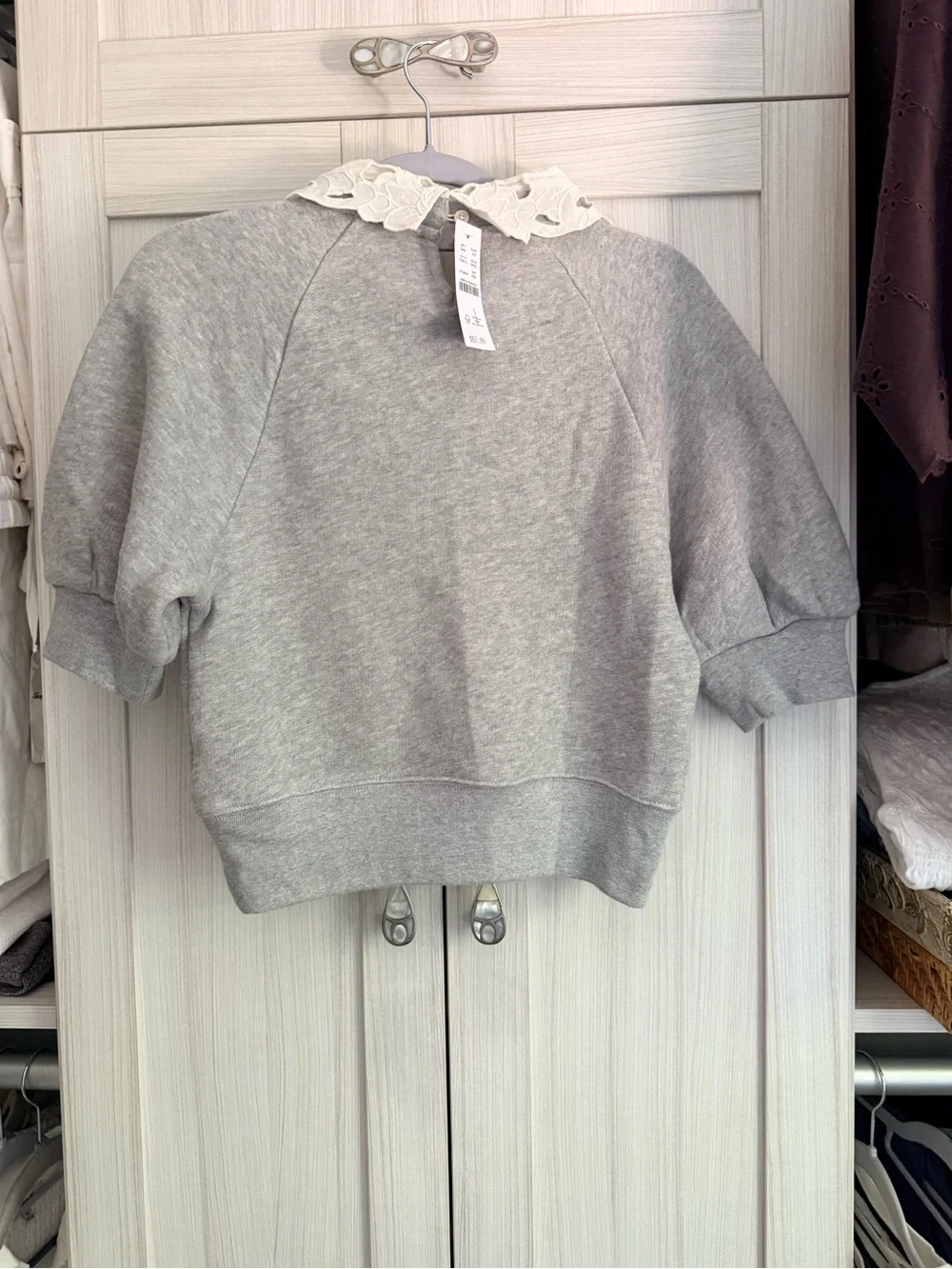 J. Crew Light Gray Sweatshirt with White Floral Lace Collar NWT